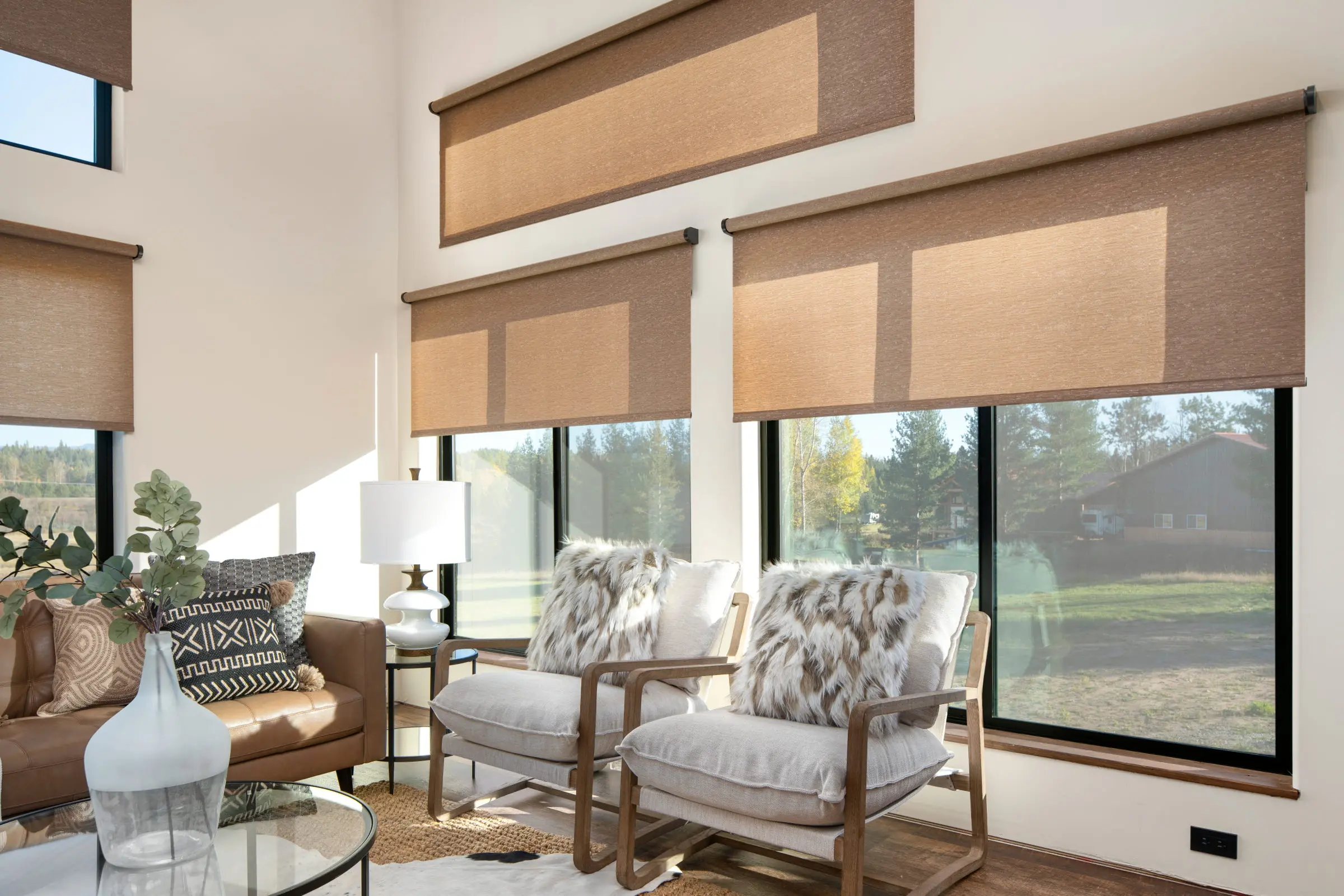 Custom roller shades in a modern living room